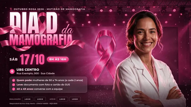 Banner Outubro Rosa Dia D da Mamografia e Caminhada Rosa: palco com telão de LED, laço 3D e médica recortada (telão, site, feed e story)