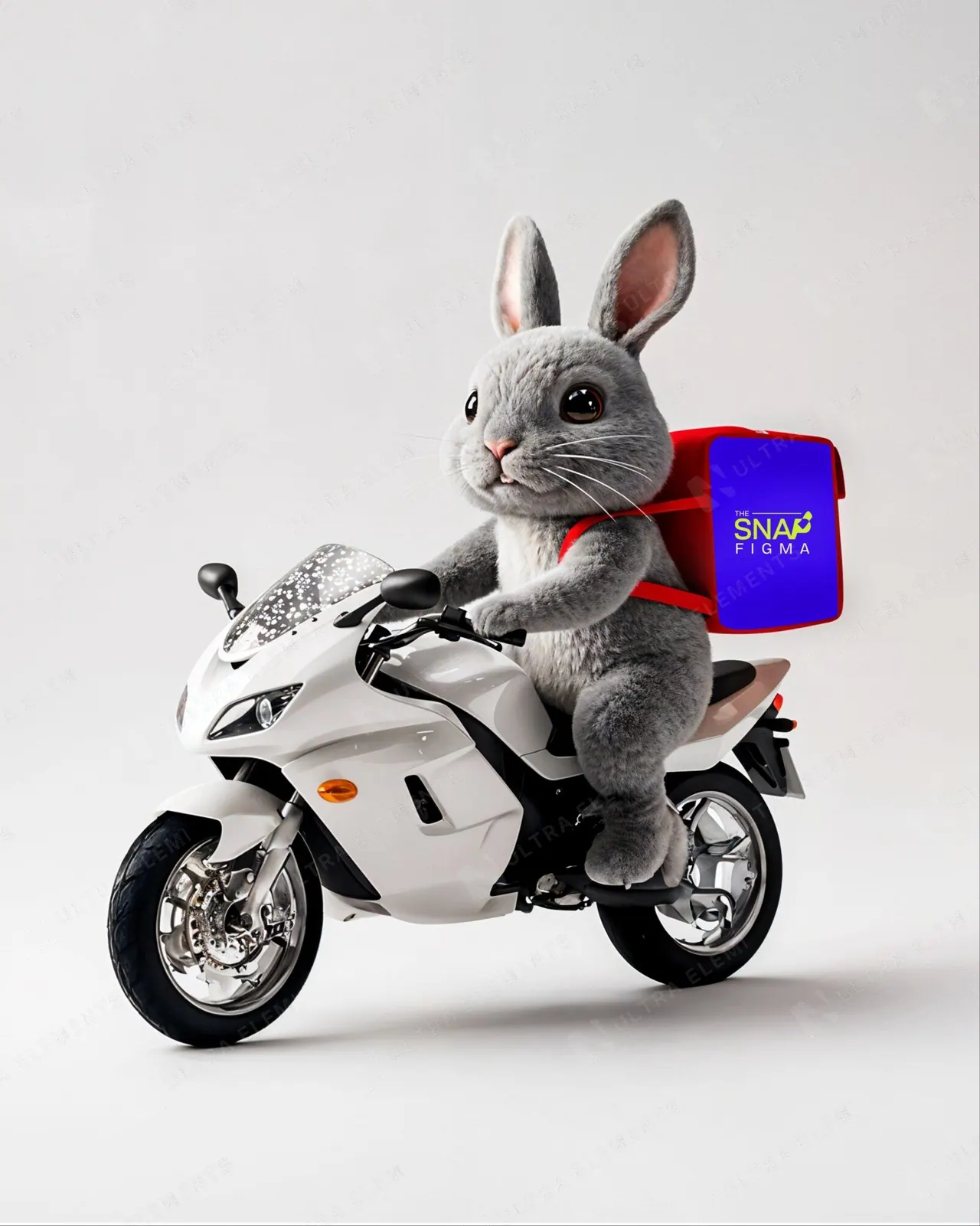 Mockup de Páscoa: coelho de pelúcia realista em moto esportiva com mochila vermelha de delivery — imagem 1 de 3