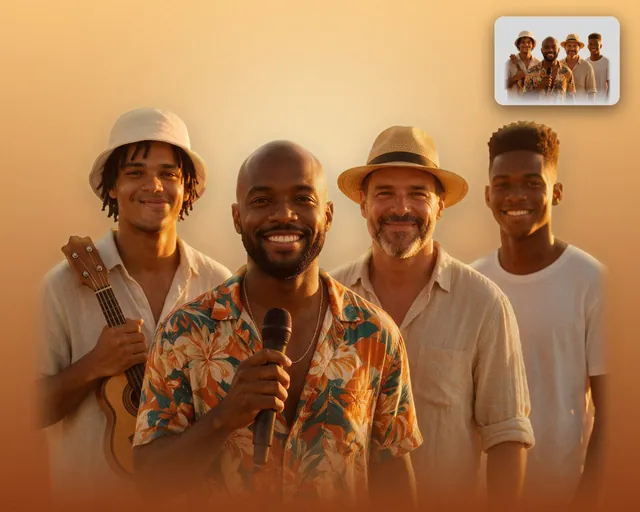 PNG grupo de pagode com 4 integrantes recortado: cavaquinho, microfone e contraluz dourada