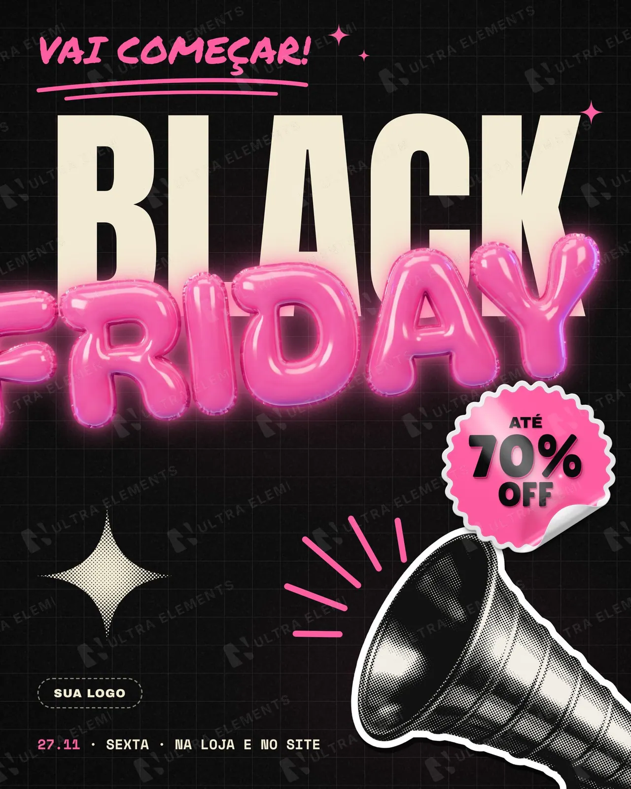 Post Black Friday Vai Começar com letras infladas rosa e megafone em halftone (feed e story) — imagem 1 de 5