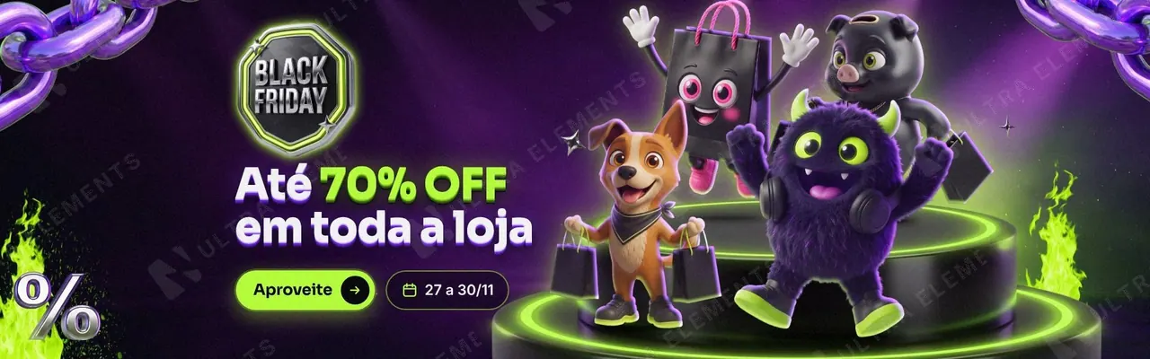 Banner Black Friday para site com a turma de mascotes 3D no pódio de LED (1920×600, mobile e e-mail) — imagem 1 de 5