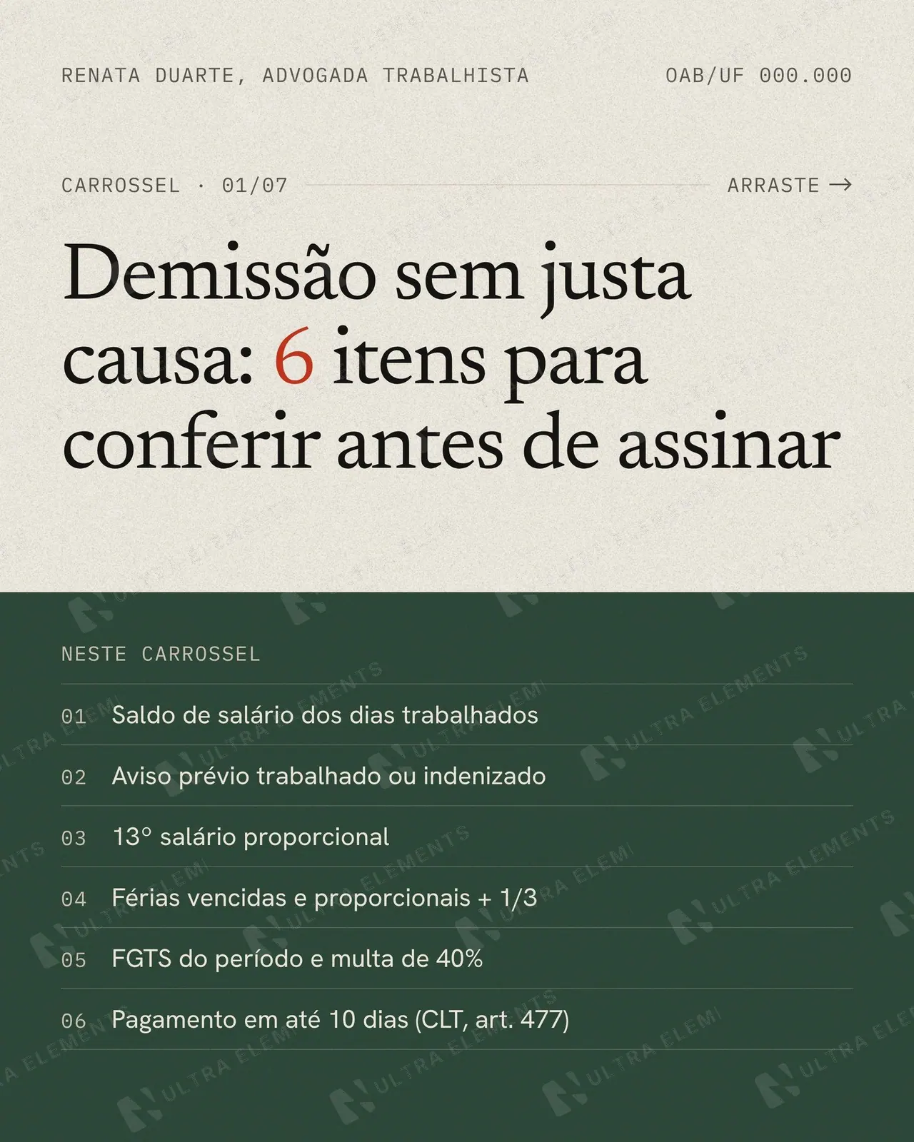 Capa de carrossel 4:5 para advogada trabalhista estilo revista: sumário de 6 itens em bloco verde — imagem 1 de 2