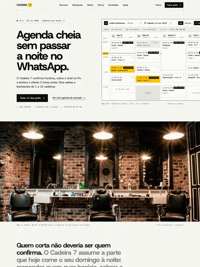LP de SaaS: agenda online, lembrete e sinal via Pix para salões e barbearias