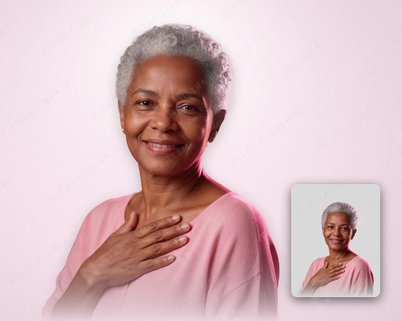 PNG mulher negra de cabelo grisalho curto sorrindo com a mão no peito e blusa rosa — imagem 1 de 3