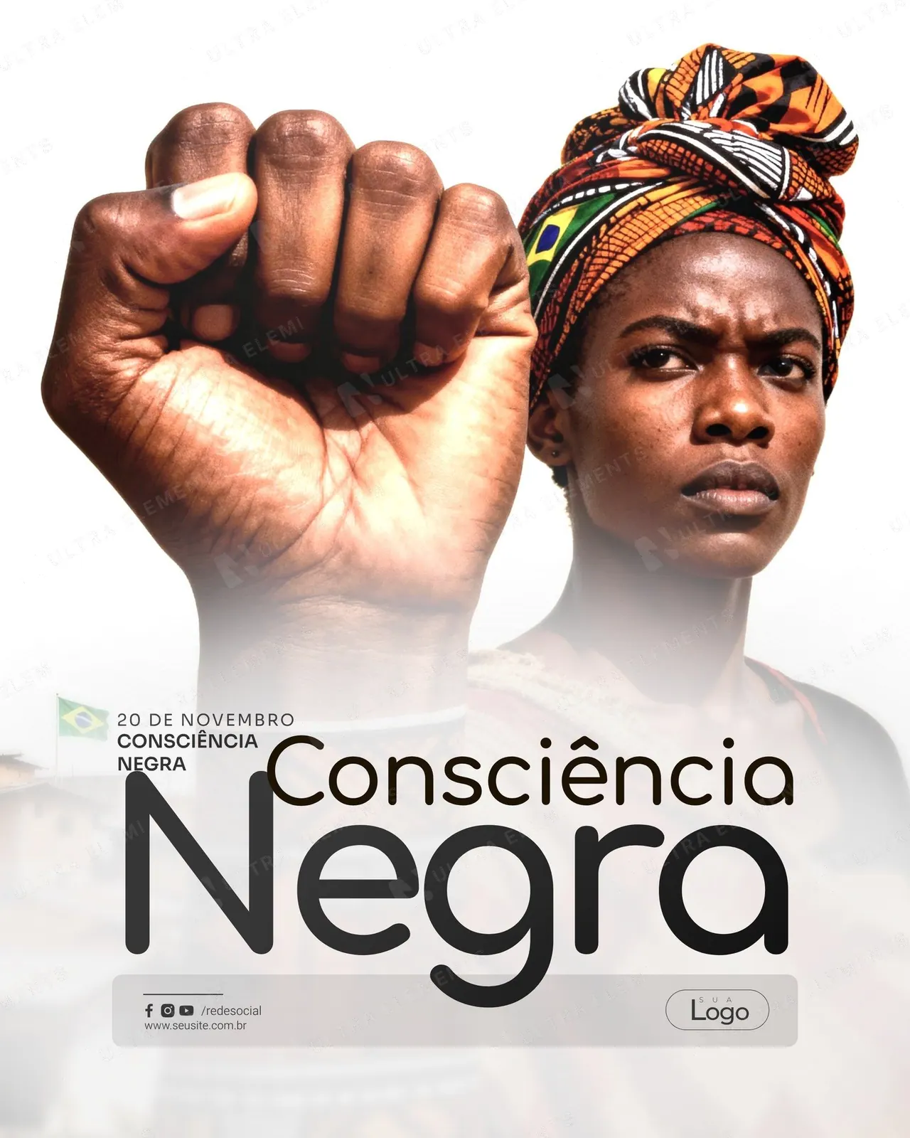 Post Consciência Negra: punho erguido e retrato com turbante em fundo claro (feed)