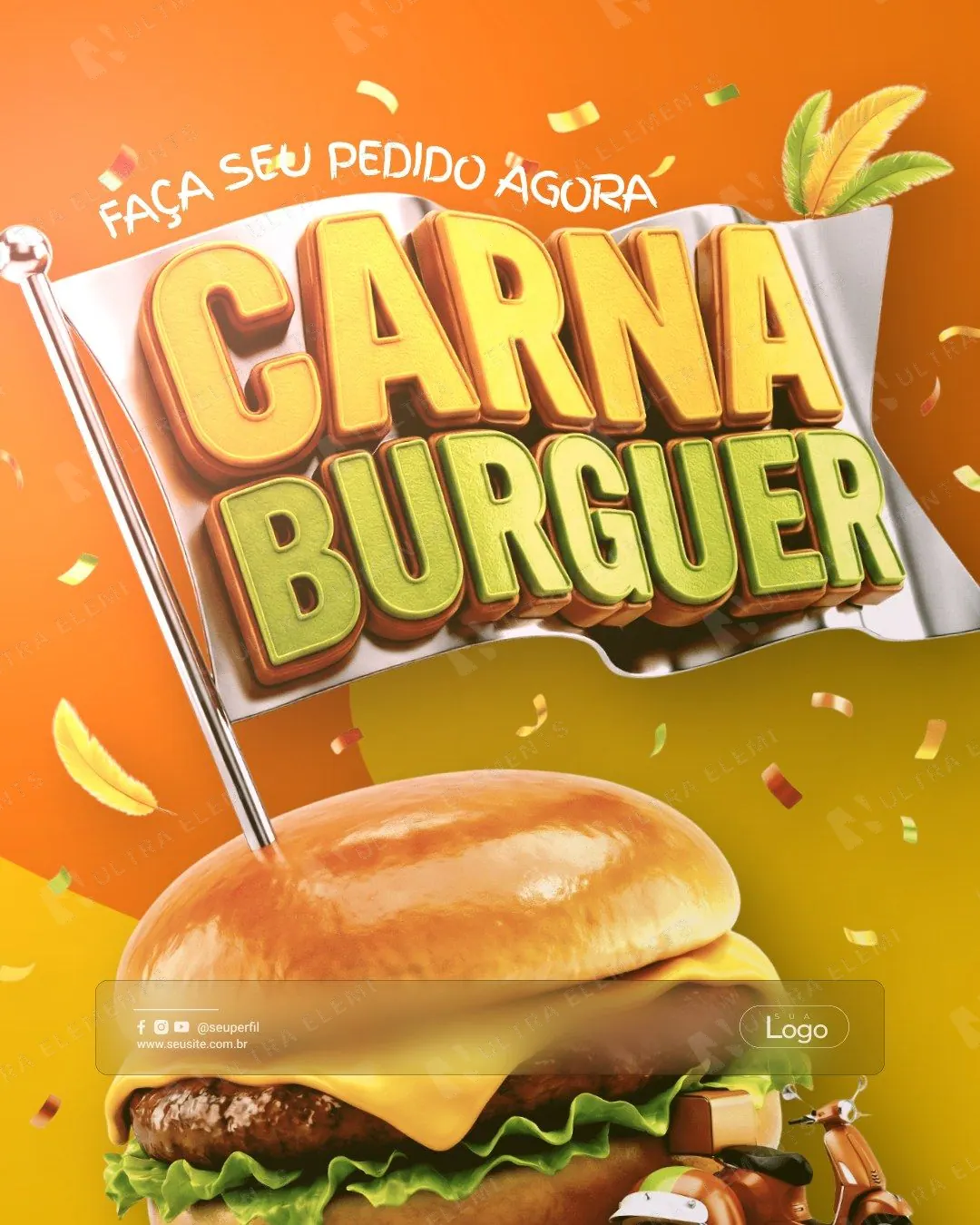 Post Carnaval hamburgueria: bandeira 3D Carna Burguer sobre hambúrguer (feed)