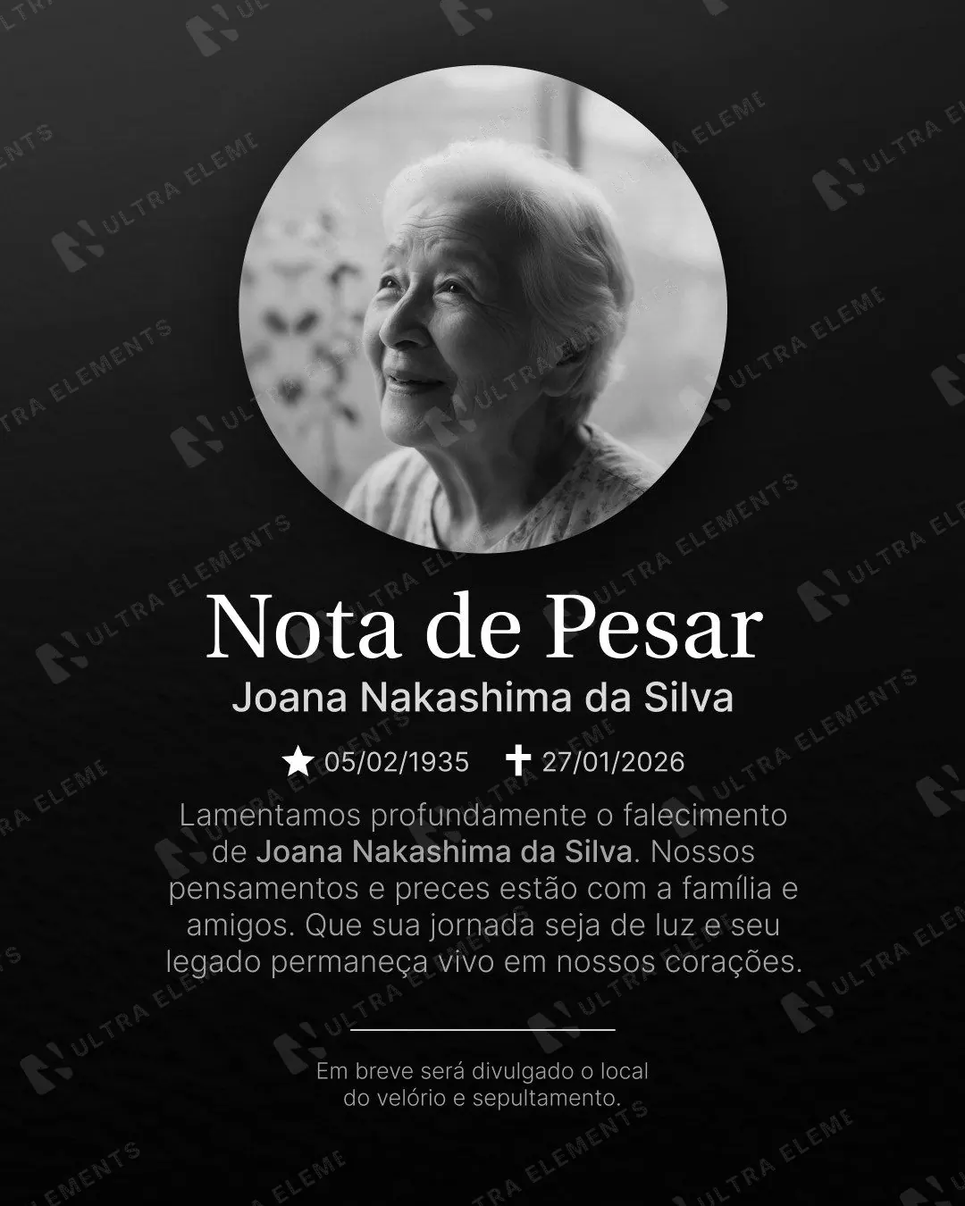 Post Nota de Pesar: clássico serifado com datas (feed + story escuro) — imagem 1 de 2