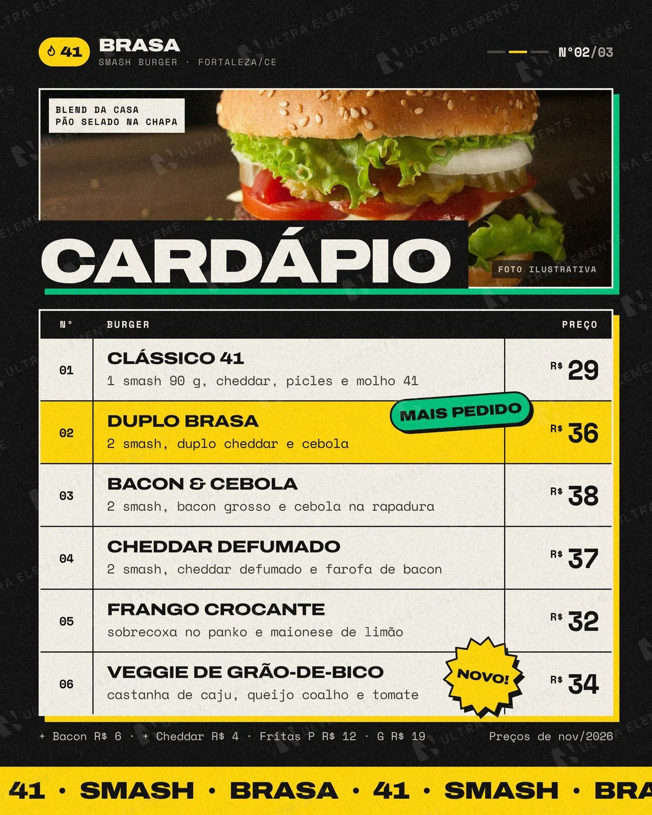 Post cardápio de hamburgueria em tabela: 6 burgers com preços e stickers (feed) — imagem 1 de 3