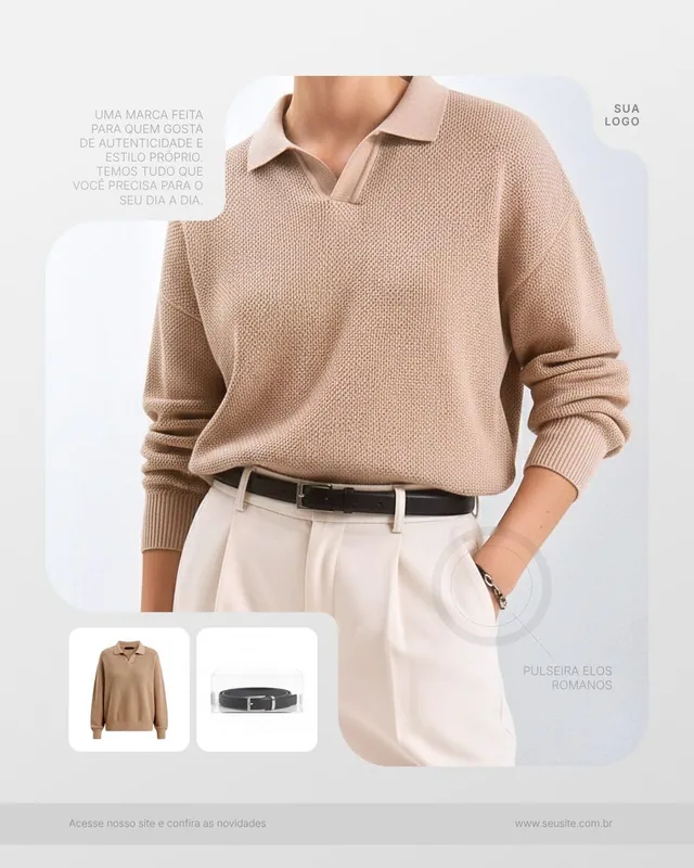 Post loja de moda: suéter polo de tricô bege com miniaturas de produtos (feed claro)
