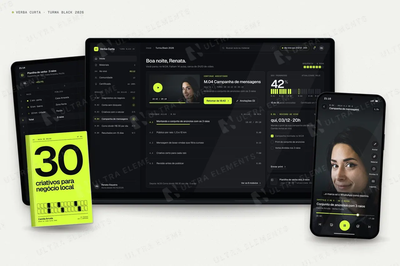 Mockup de curso online: notebook, celular, tablet e ebook em cena clara — imagem 1 de 3