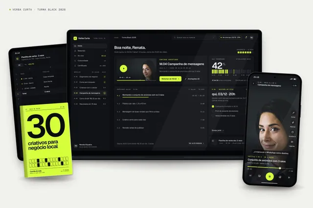 Mockup de curso online: notebook, celular, tablet e ebook em cena clara