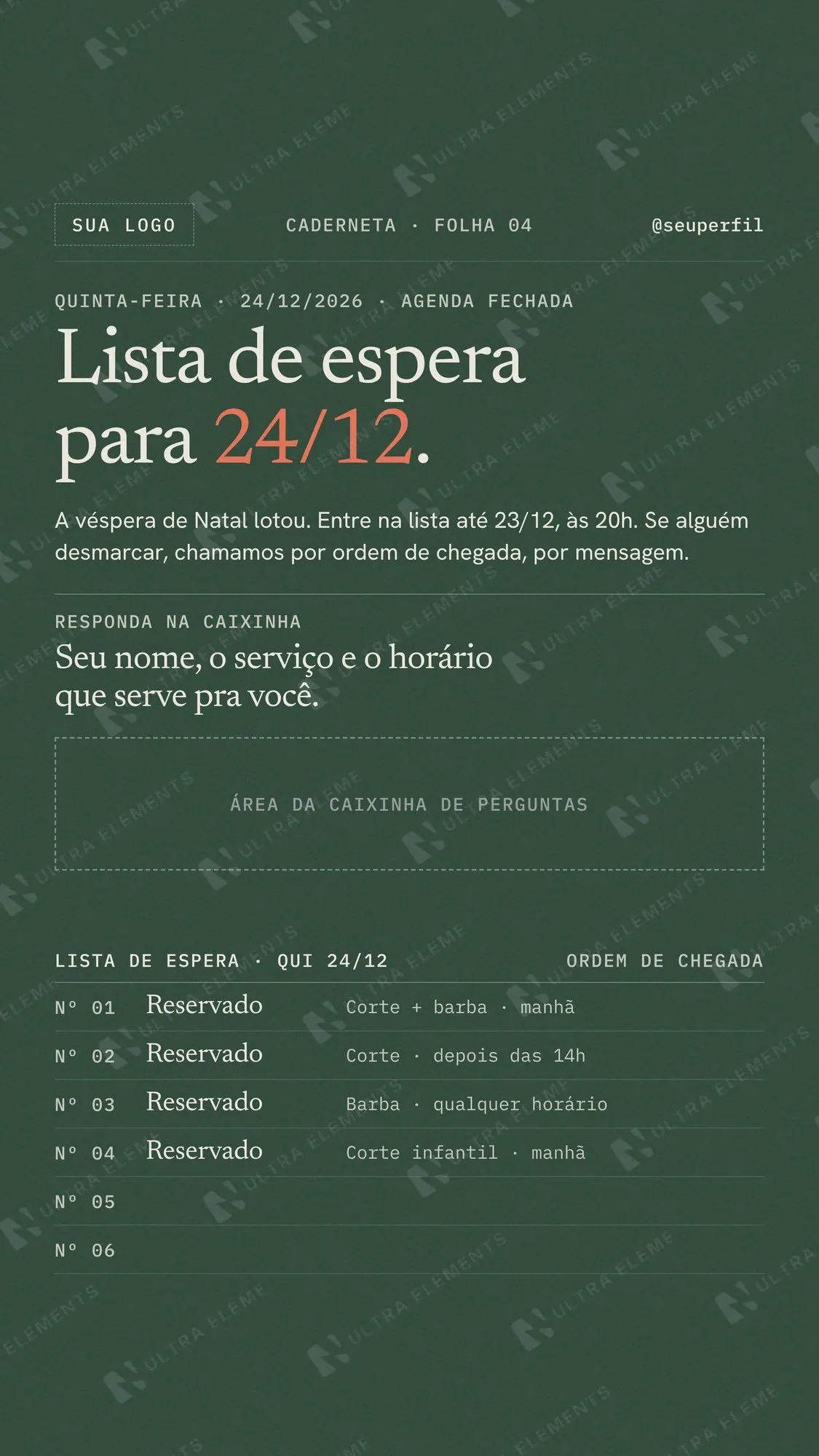 Story Lista de espera para 24/12 em barbearia e salão: agenda fechada e caixinha de perguntas — imagem 1 de 2