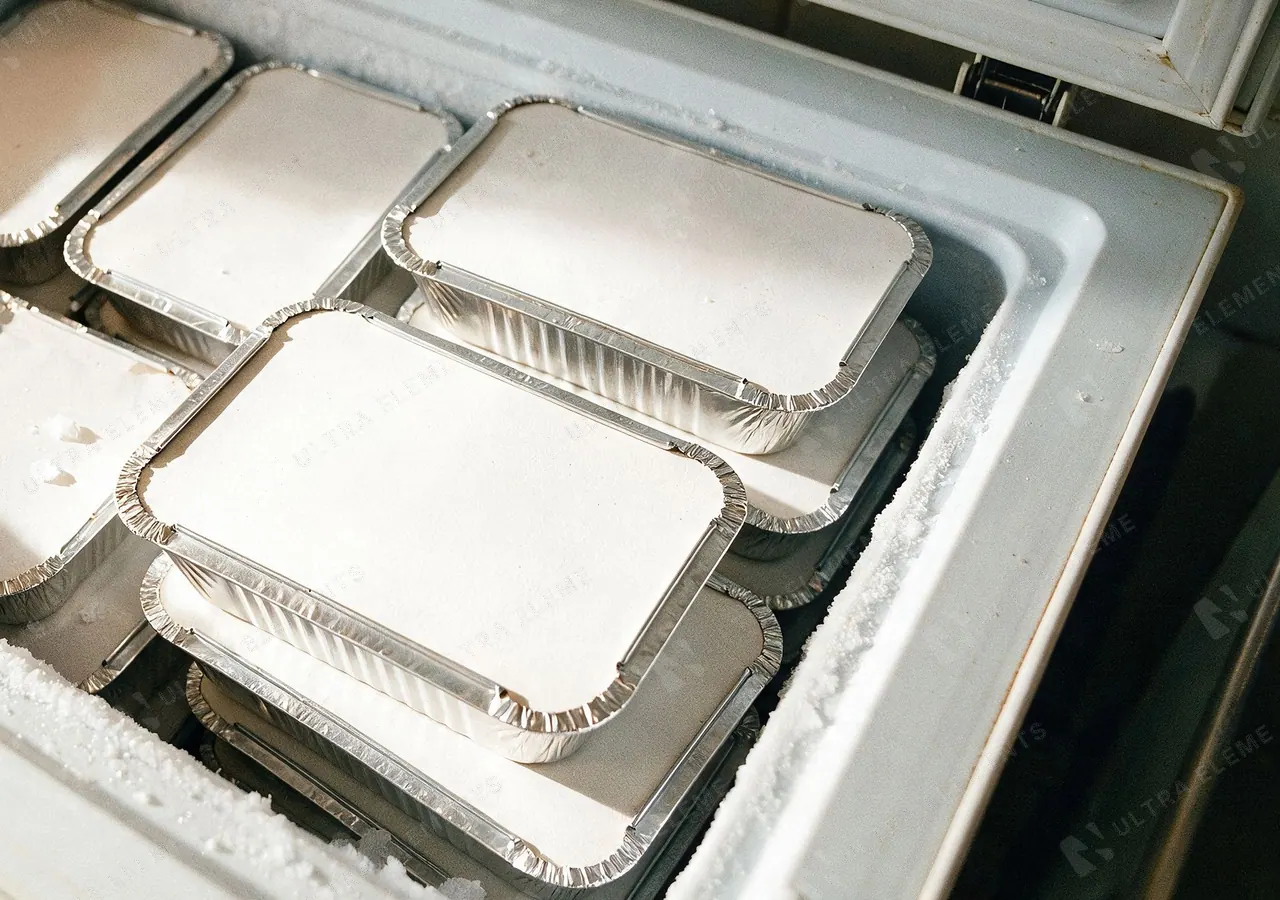 Marmitas de alumínio congeladas no freezer: foto IA para delivery e marmita fit — imagem 1 de 2