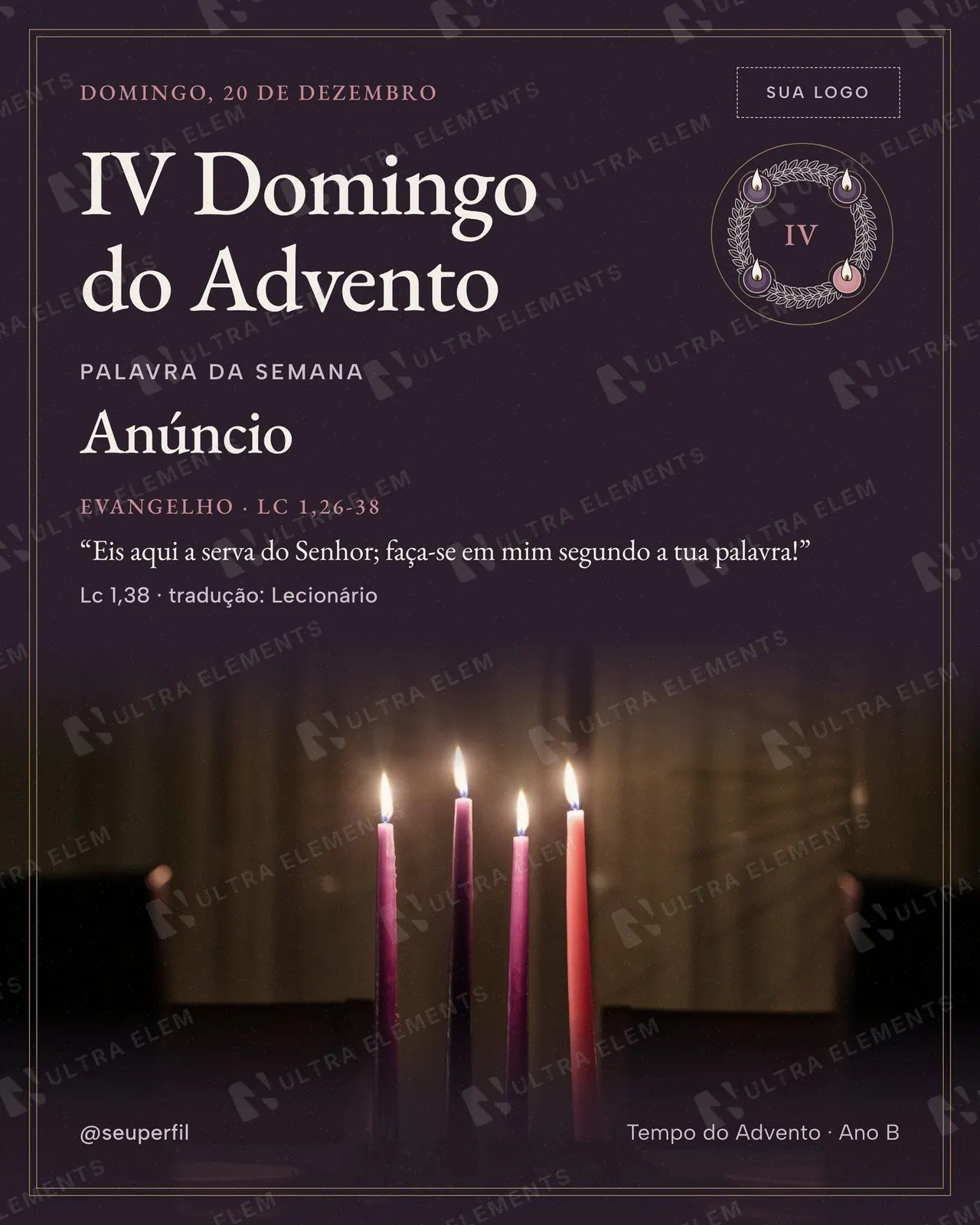 Post e story IV Domingo do Advento com foto: coroa de velas roxas e rosa na mesa de casa — imagem 1 de 2