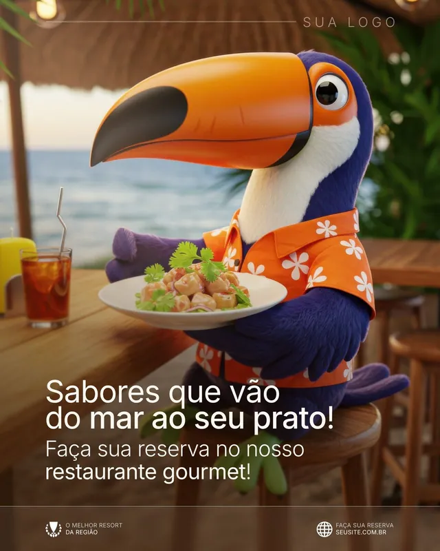 Post resort com mascote tucano 3D: restaurante gourmet à beira-mar (feed)