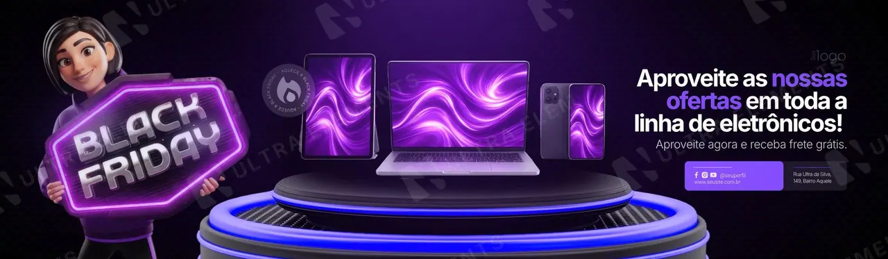 Banner Black Friday roxo: eletrônicos no pedestal e mascote 3D (site)