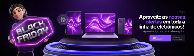 Banner Black Friday roxo: eletrônicos no pedestal e mascote 3D (site)