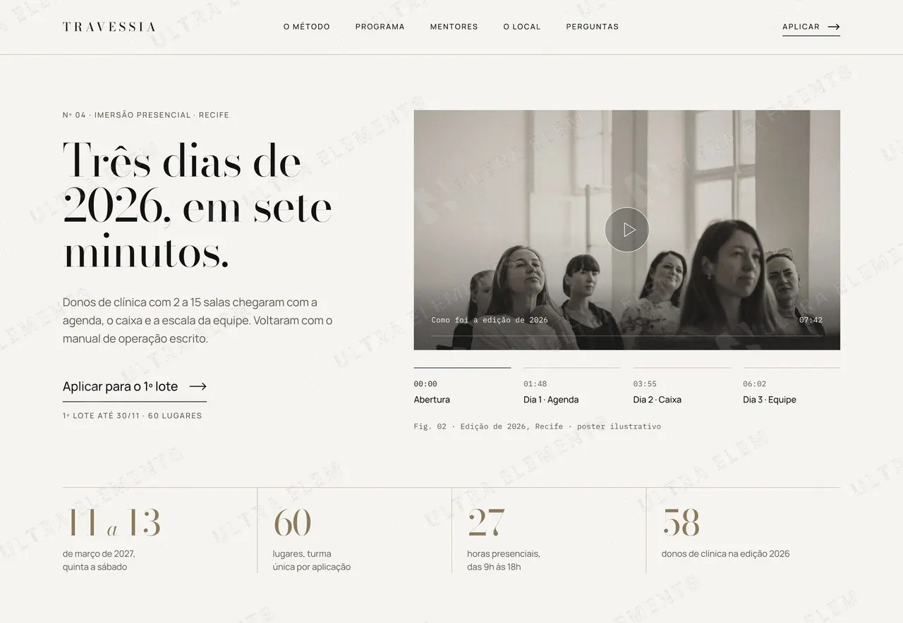 Seção hero com VSL para imersão high-ticket: vídeo 16:9, capítulos e faixa de dados — imagem 1 de 5