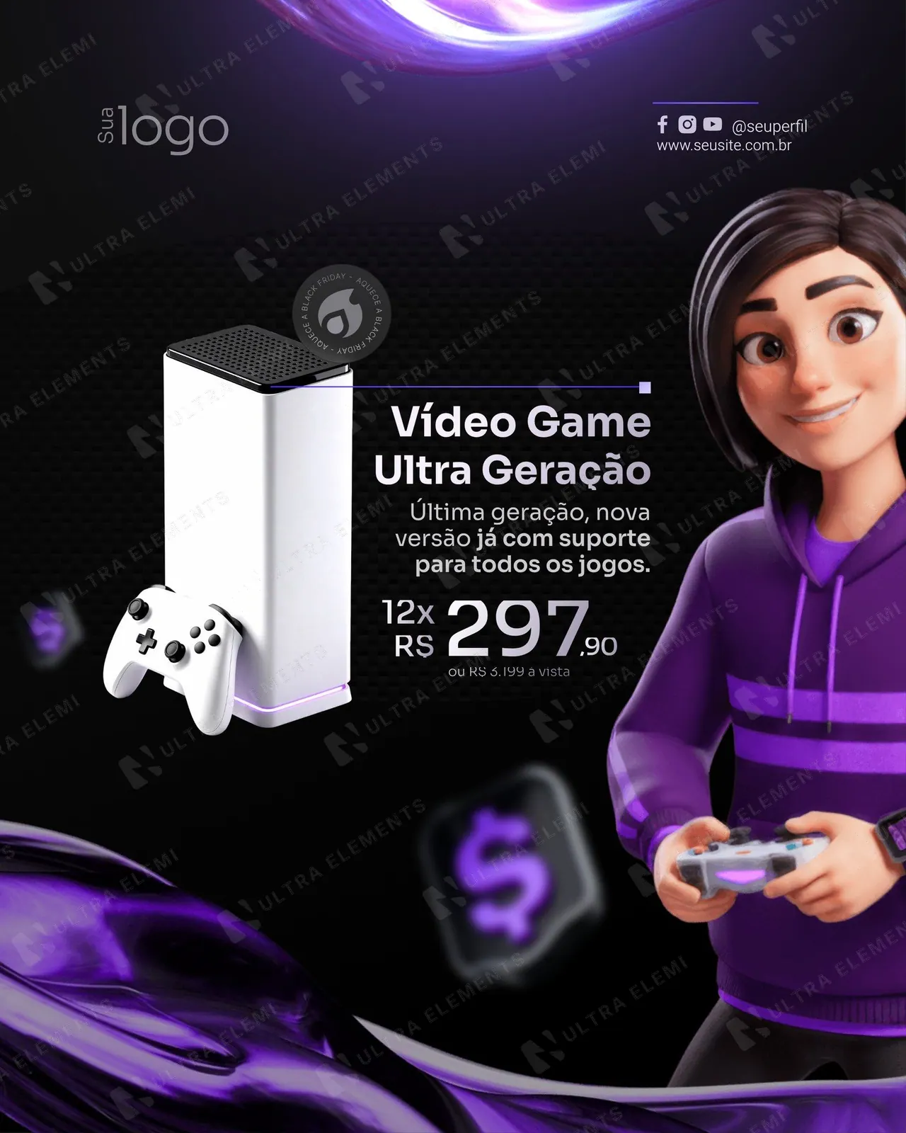 Post Black Friday roxo: oferta de videogame com mascote jogando (feed)