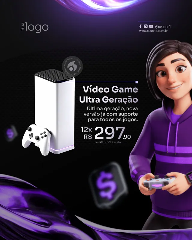 Post Black Friday roxo: oferta de videogame com mascote jogando (feed)