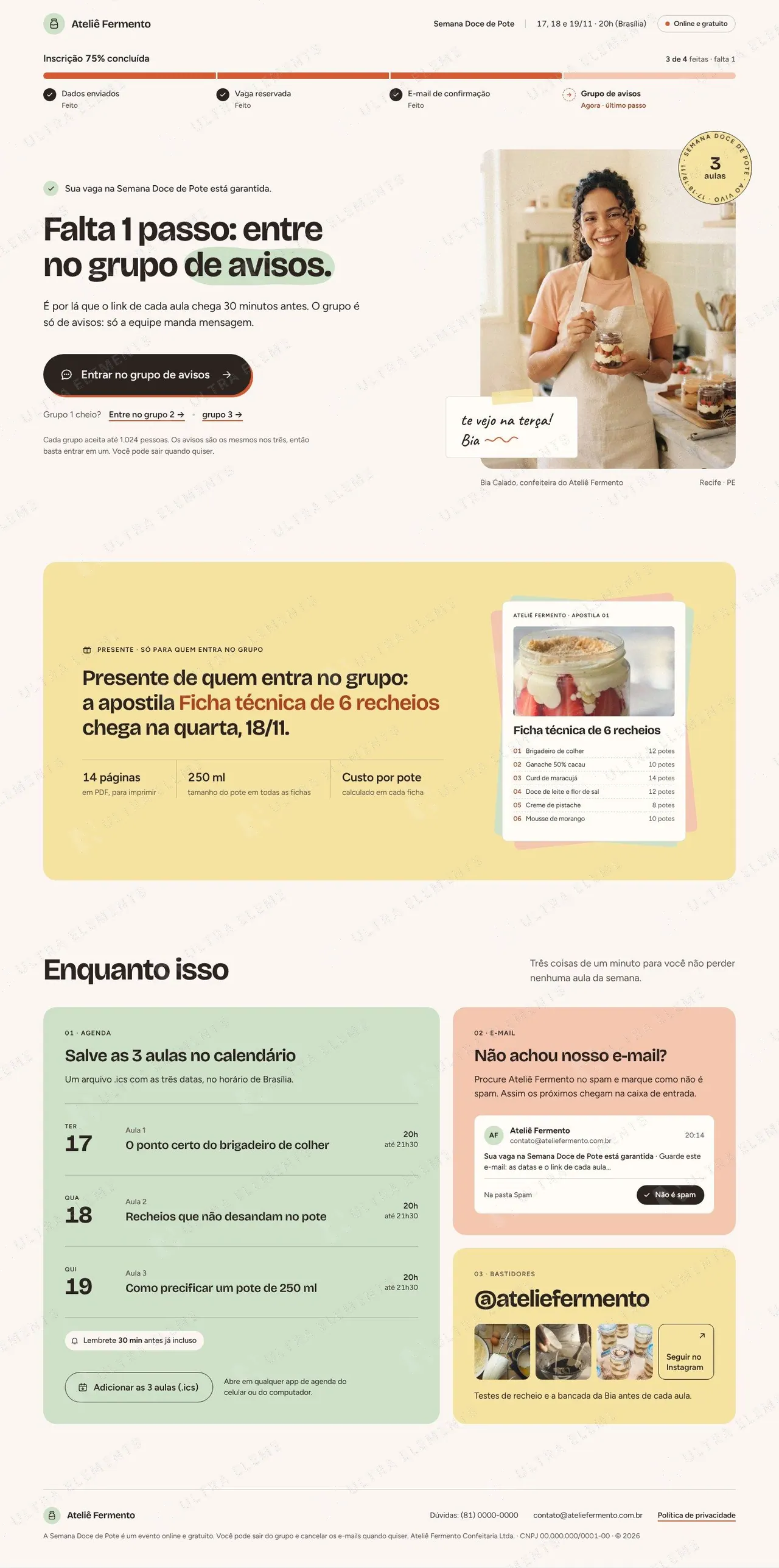 Página de obrigado “Falta 1 passo” com barra de progresso e grupos VIP — imagem 1 de 10