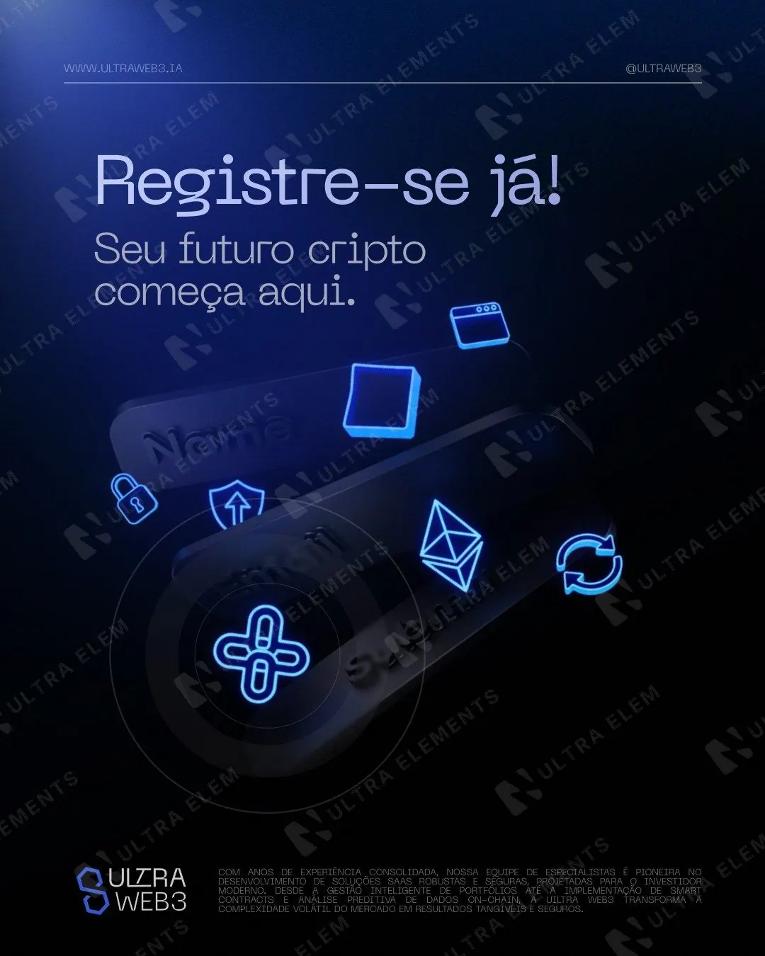 Post cripto Web3: Registre-se já com formulário e ícones neon 3D (feed)
