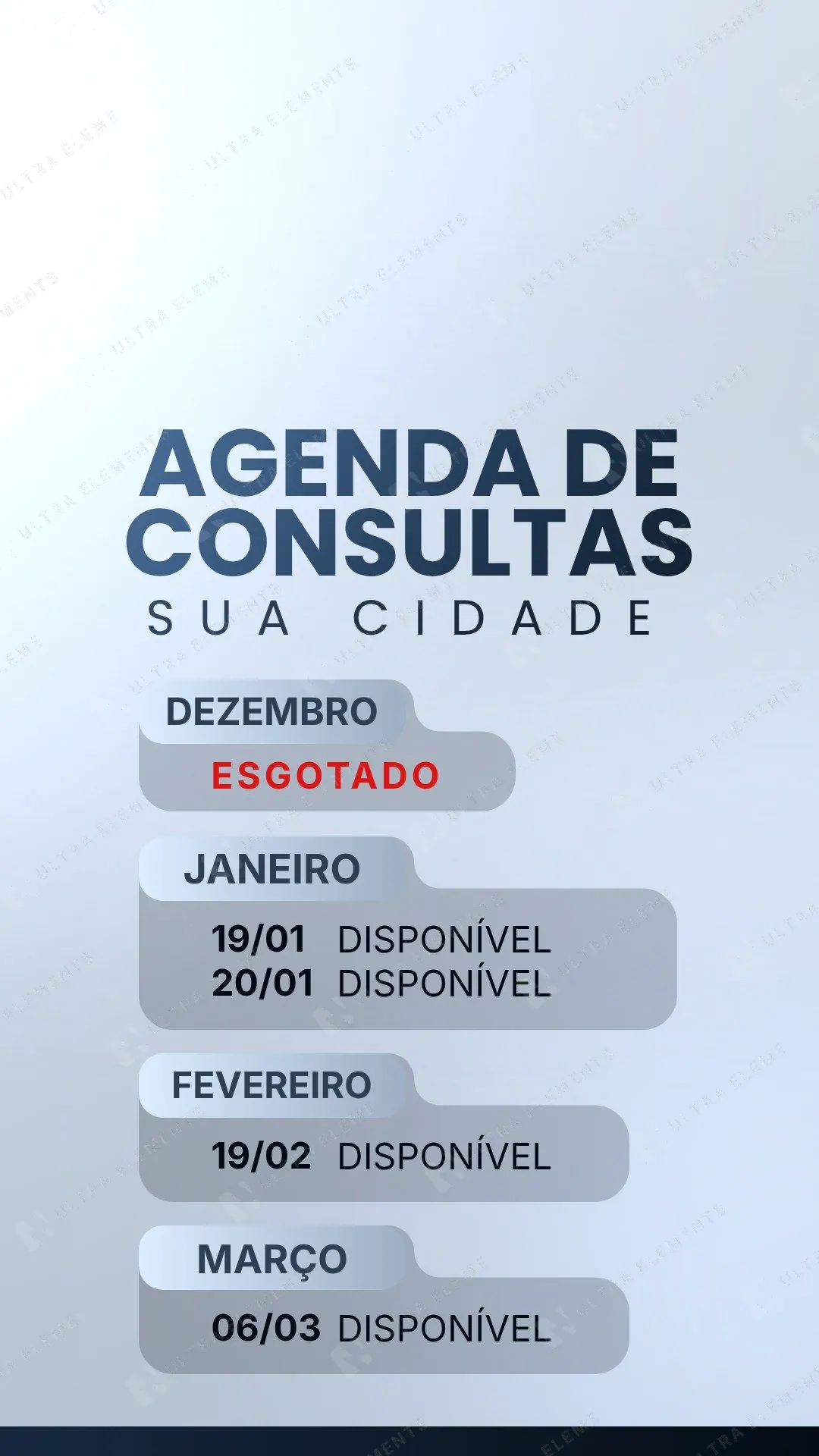 Story Agenda de Consultas azul-acinzentado: meses com vagas disponíveis e esgotado