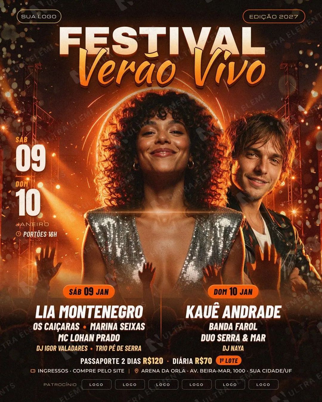 Festival de verão de 2 dias: line-up com 10 atrações, headliners no palco principal e multidão em silhueta (feed, story, A5 e carrossel) — imagem 1 de 8