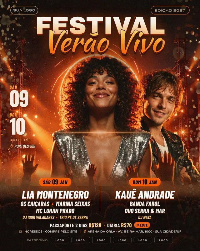 Festival de verão de 2 dias: line-up com 10 atrações, headliners no palco principal e multidão em silhueta (feed, story, A5 e carrossel)