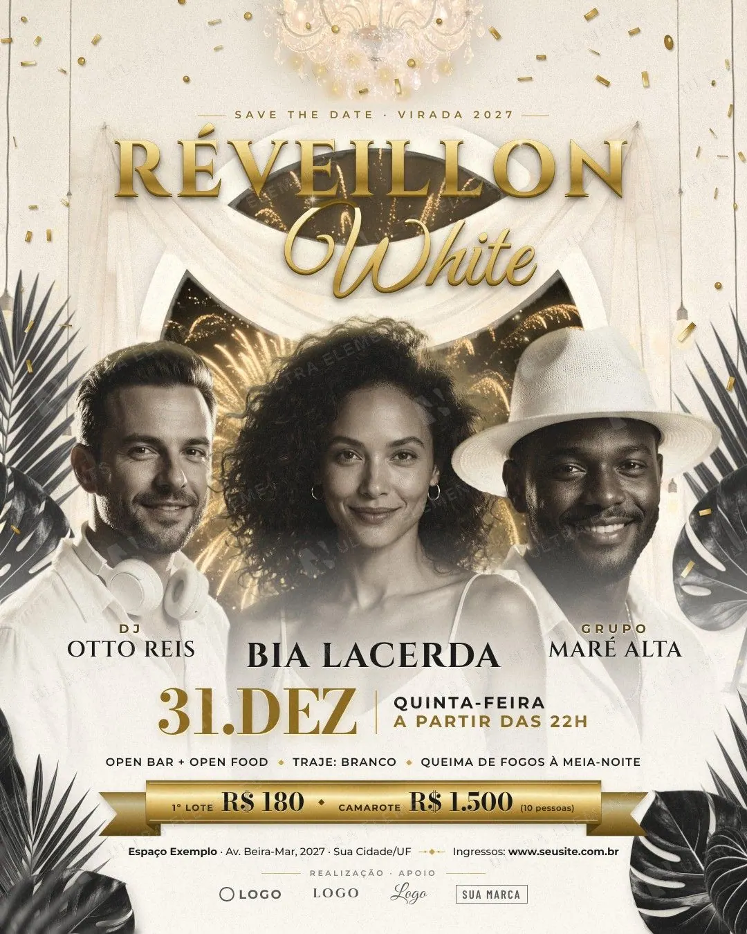 Flyer Réveillon White 2027 com 3 atrações, lustre de cristal e fogos dourados: feed, story, A5 com sangria e ingresso — imagem 1 de 6