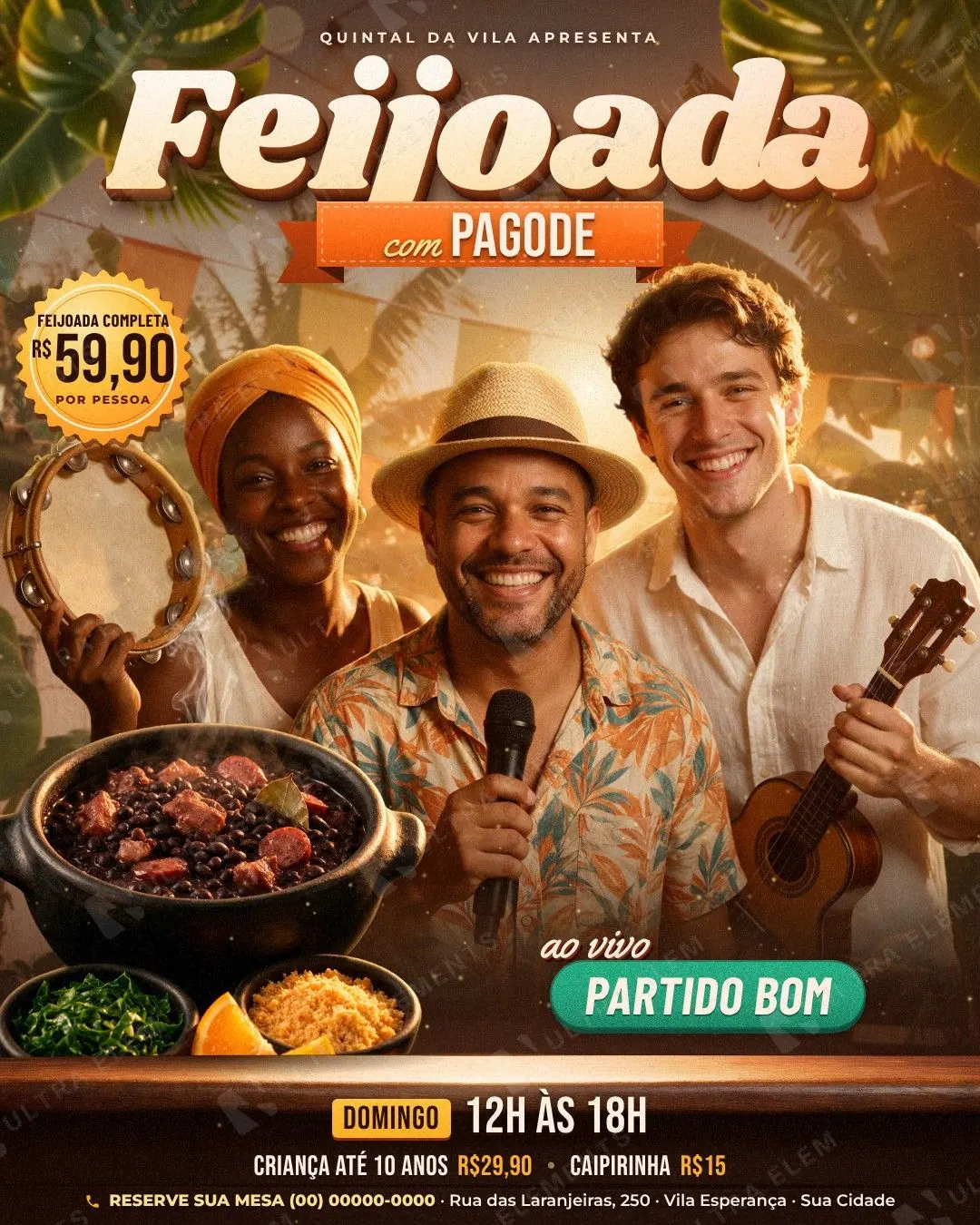 Flyer Feijoada com Pagode no quintal: grupo ao vivo, panela de feijoada no balcão e preço por pessoa para feed e story — imagem 1 de 3