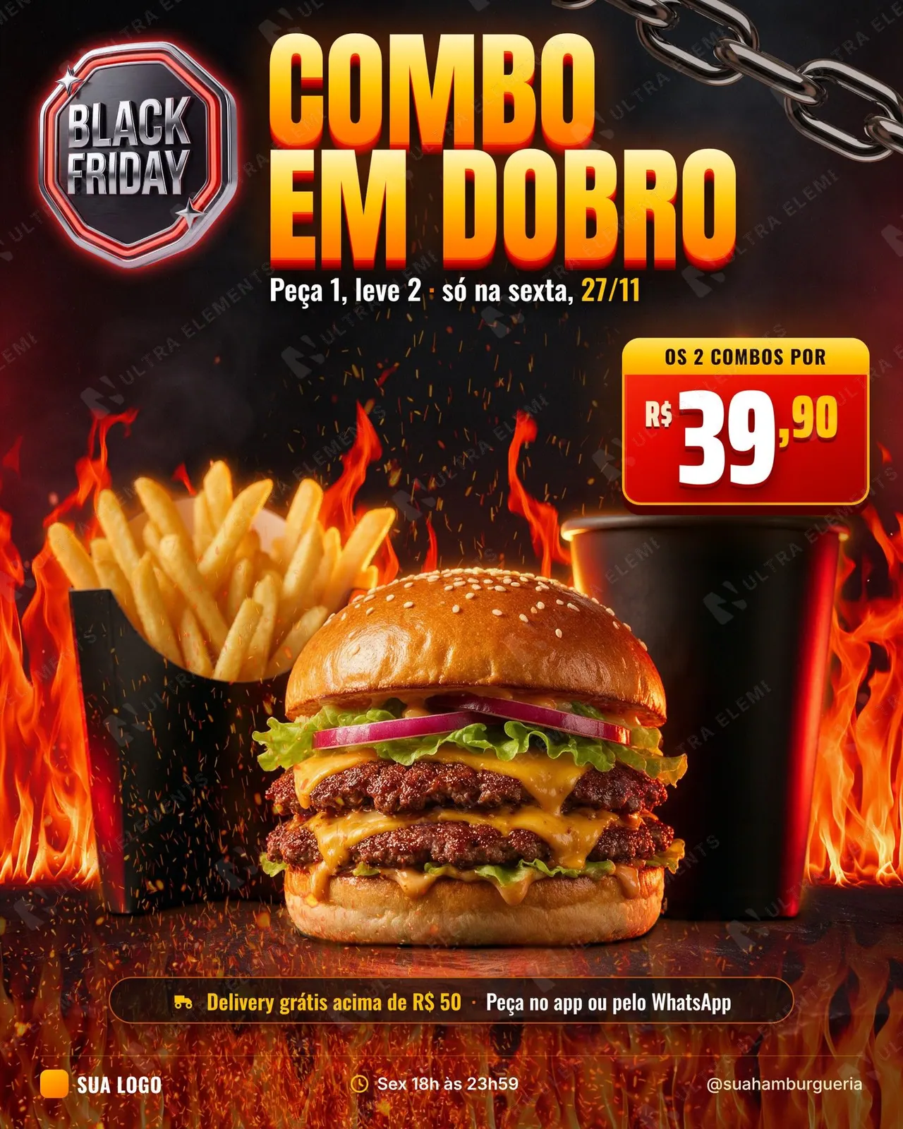 Post Black Friday delivery: Combo em Dobro com hambúrguer, fritas e parede de fogo cinematográfica (feed e story) — imagem 1 de 3