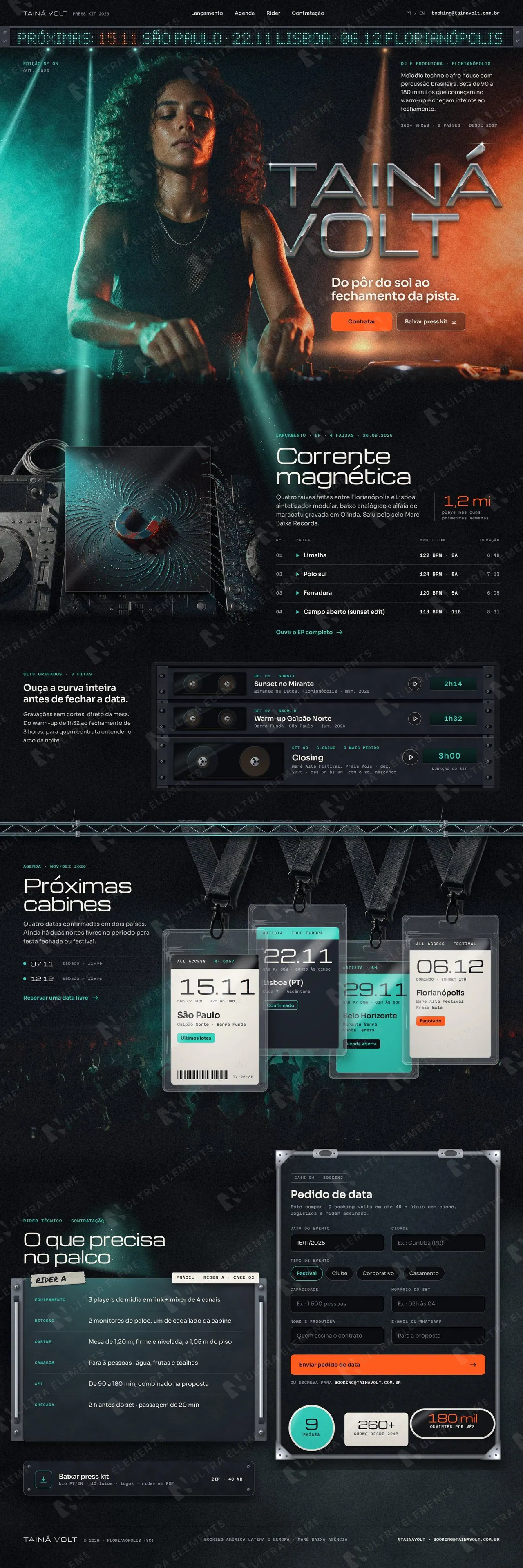 Landing page press kit para DJ de música eletrônica com agenda, rider técnico e contratação (desktop e mobile) — imagem 1 de 8