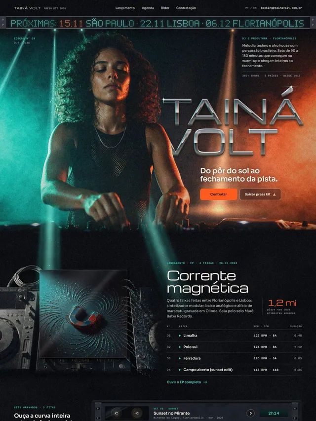 Landing page press kit para DJ de música eletrônica com agenda, rider técnico e contratação (desktop e mobile)