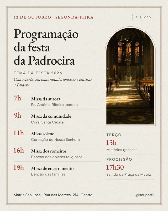 Post e story Programação da festa da Padroeira 12/10: missas, terço e procissão