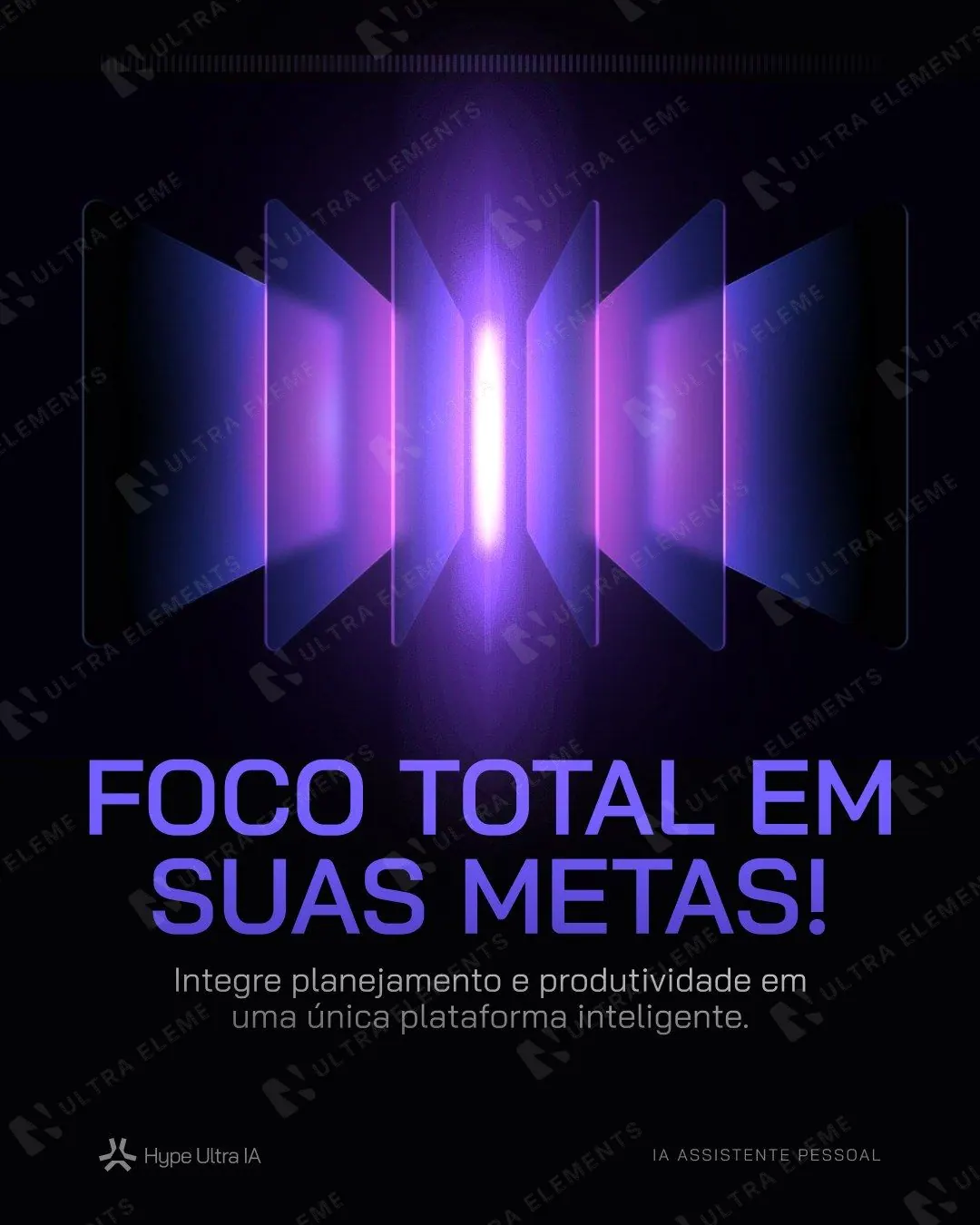 Post SaaS de IA neon: "Foco total em suas metas!" com painéis de luz (feed)