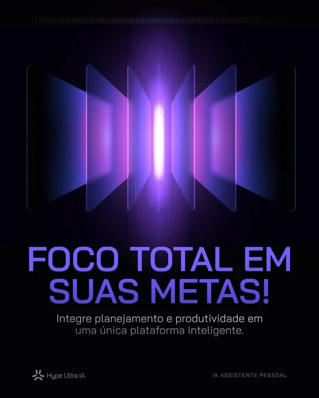 Post SaaS de IA neon: "Foco total em suas metas!" com painéis de luz (feed)