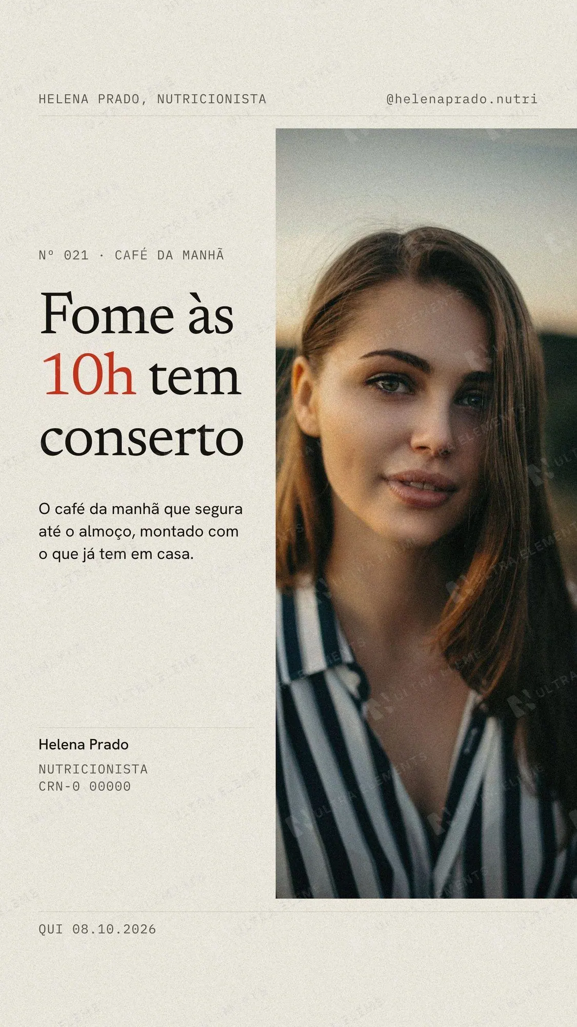 Capa de Reels para nutricionista estilo revista: retrato sangrando e título Fome às 10h — imagem 1 de 3