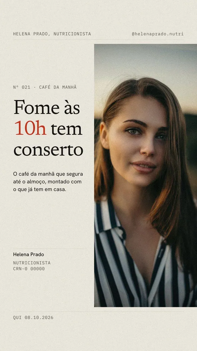 Capa de Reels para nutricionista estilo revista: retrato sangrando e título Fome às 10h