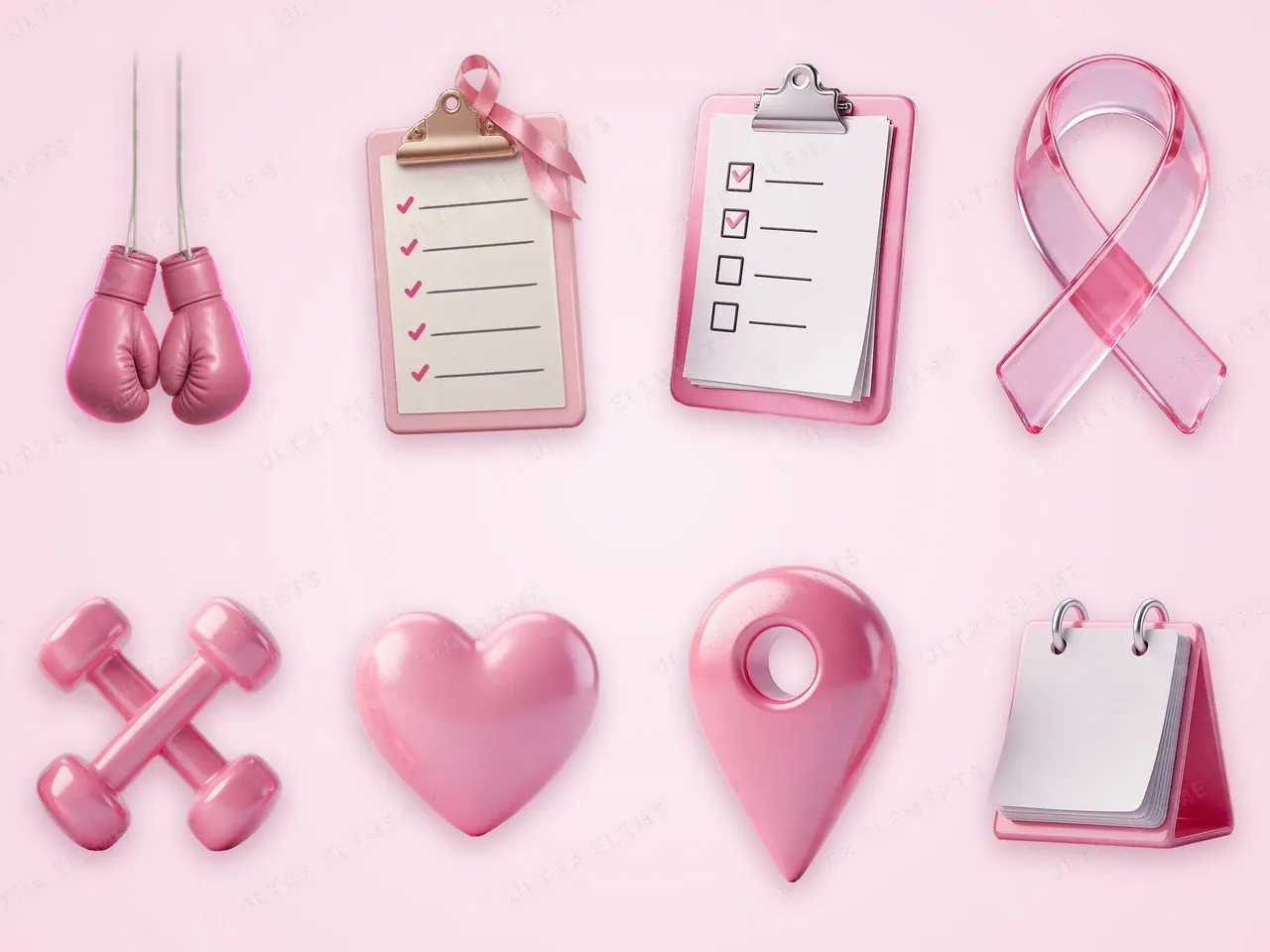 Objetos 3D Outubro Rosa em PNG: luvas de boxe, 2 pranchetas, laço de vidro, halteres, coração, pin e calendário — imagem 1 de 3