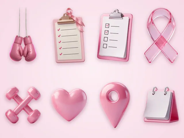 Objetos 3D Outubro Rosa em PNG: luvas de boxe, 2 pranchetas, laço de vidro, halteres, coração, pin e calendário