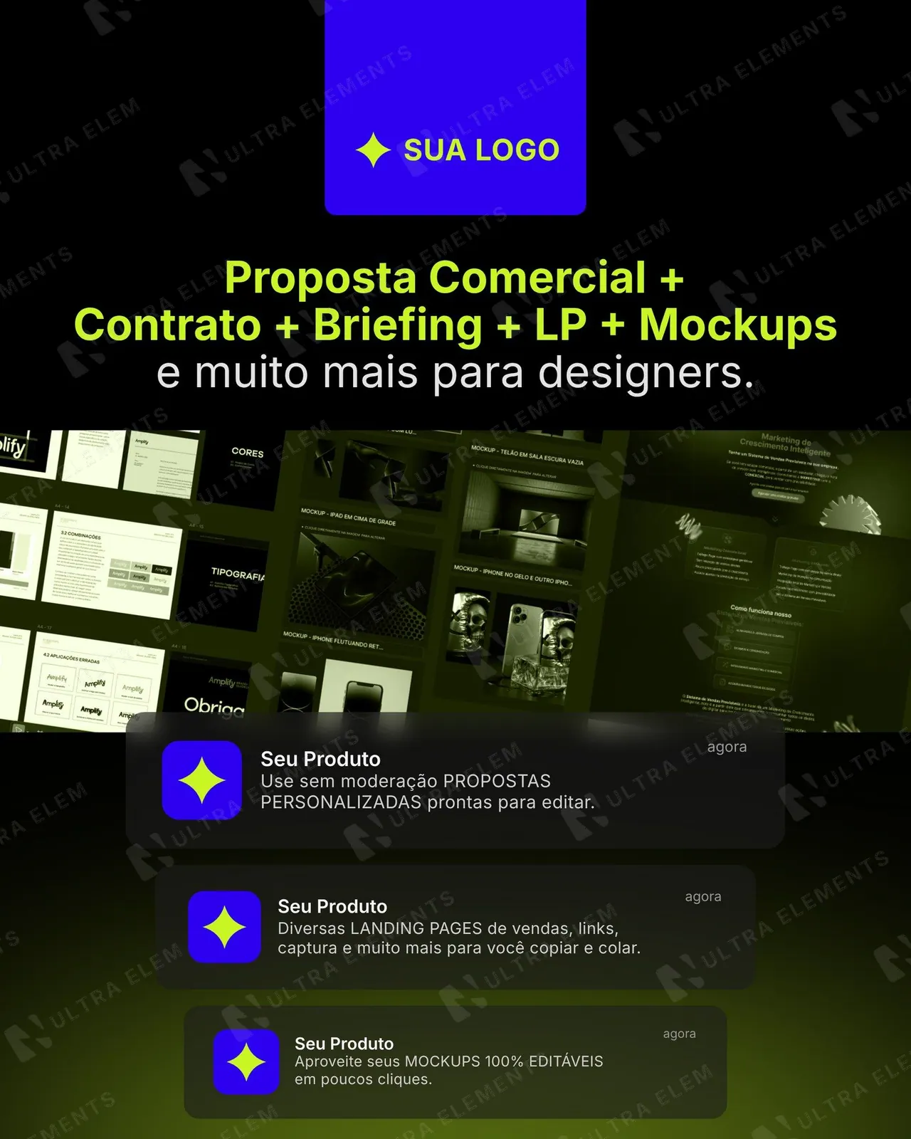 Anúncio de remarketing para infoproduto: combo de entregáveis com prints e notificações lima (feed + story) — imagem 1 de 2