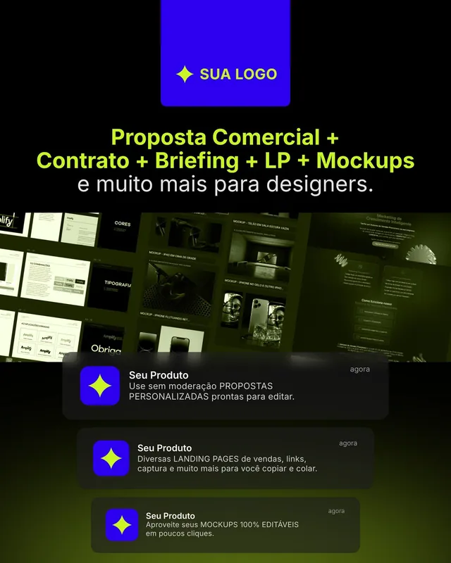 Anúncio de remarketing para infoproduto: combo de entregáveis com prints e notificações lima (feed + story)