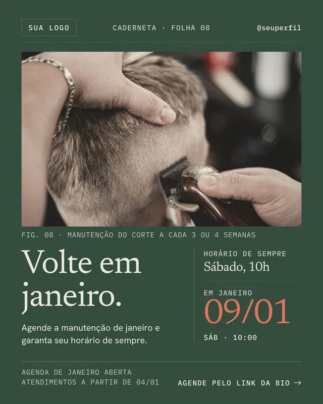 Post Volte em janeiro para barbearia e salão: manutenção com data e horário de sempre (feed)