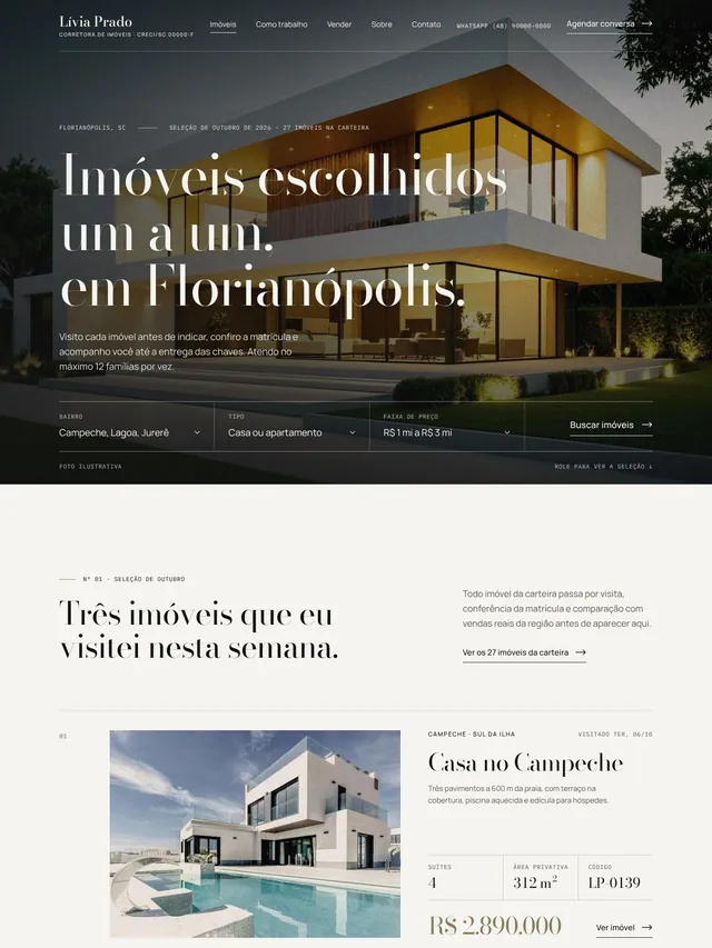 Site completo para corretora de imóveis: Home, página do imóvel e Sobre/Contato (luxo minimal)