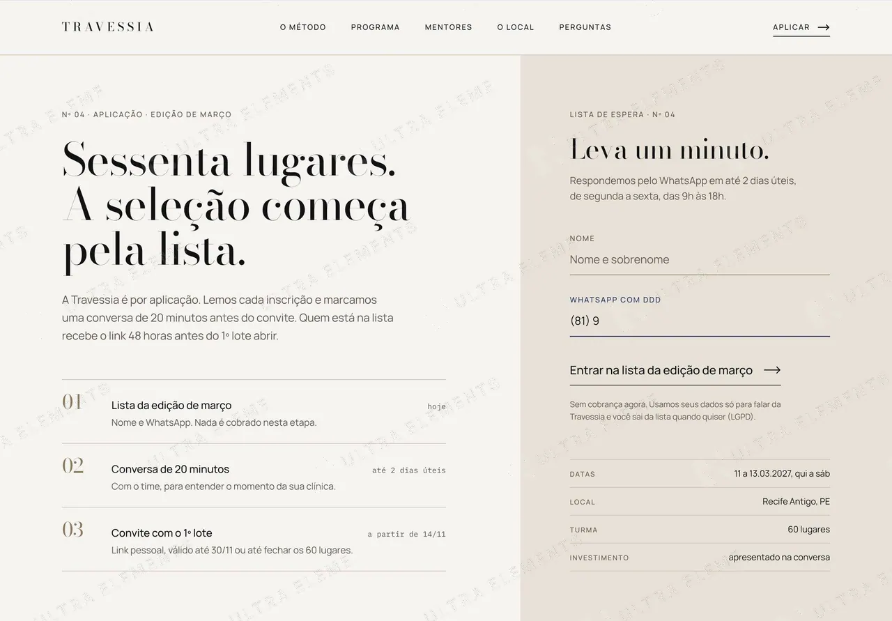 Seção hero de aplicação para imersão high-ticket: lista de espera com formulário e etapas — imagem 1 de 3