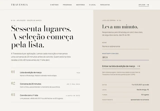 Seção hero de aplicação para imersão high-ticket: lista de espera com formulário e etapas
