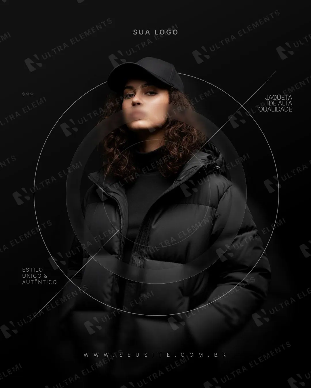 Post loja de moda: jaqueta puffer preta com anéis de vidro (feed escuro)