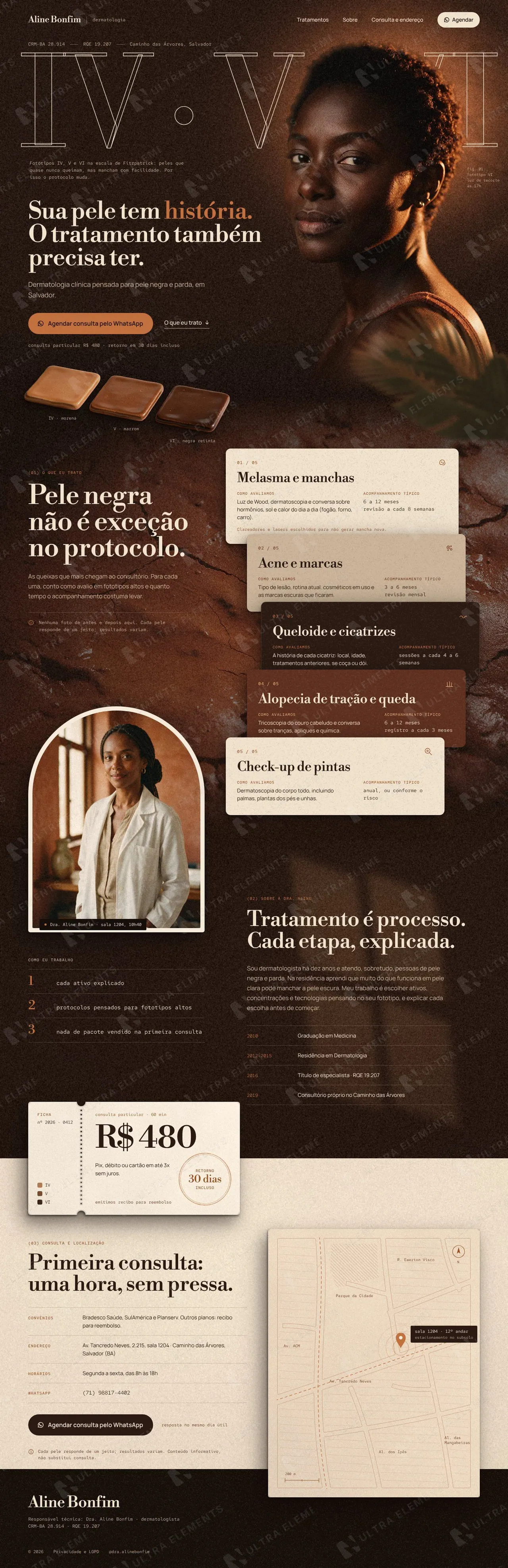 Landing page para dermatologista especializada em pele negra com tratamentos, convênios e agendamento (desktop e mobile) — imagem 1 de 6
