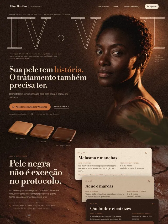 Landing page para dermatologista especializada em pele negra com tratamentos, convênios e agendamento (desktop e mobile)